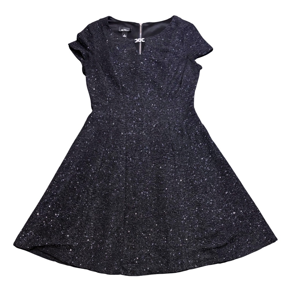 ALYX Dress Black Sparkle Fit and Flare Party Cocktail Short Sleeve Sz 4‎